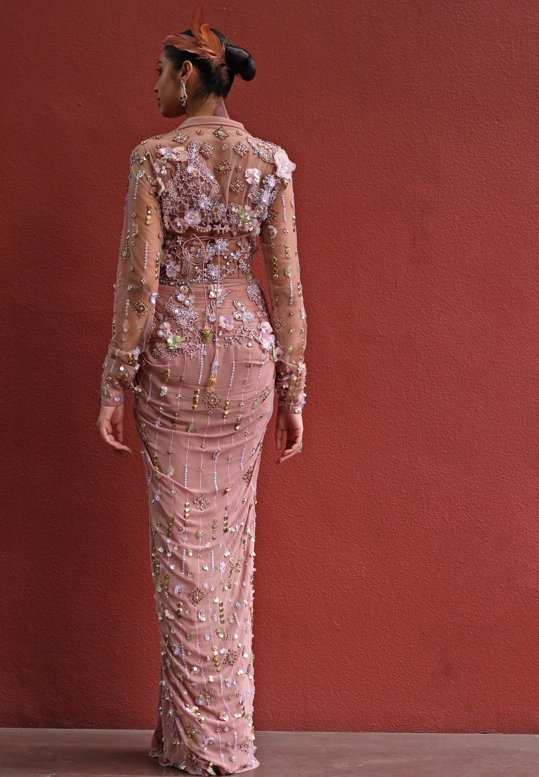 Muted Gold And Peach Georgette Concept Saree Moledro - Fabilicious Fashion