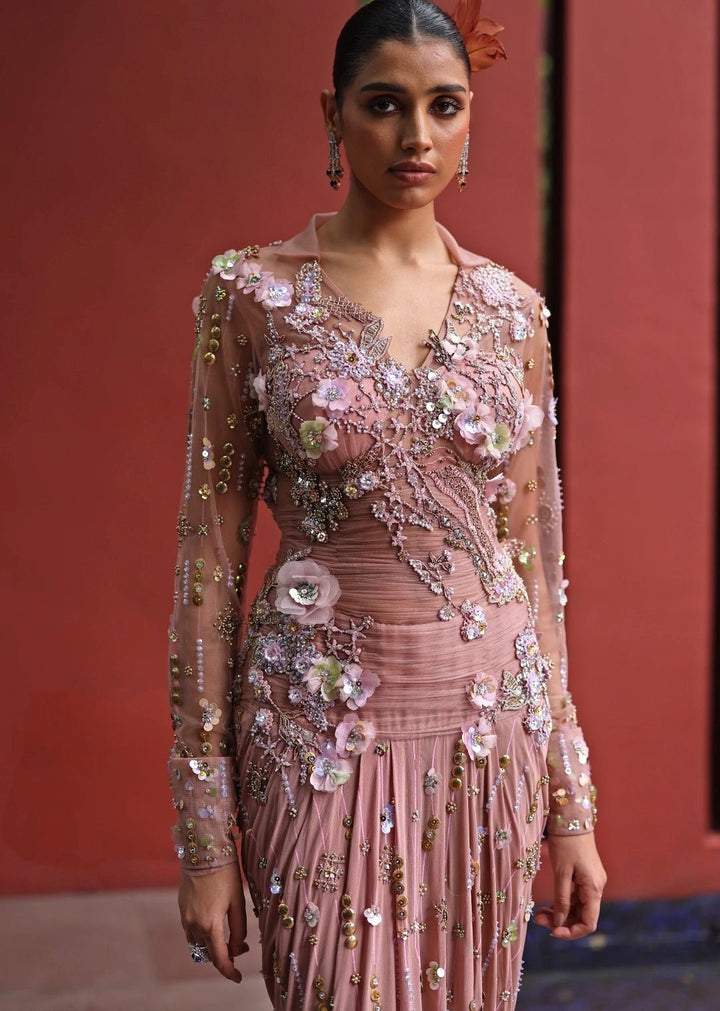 Muted Gold And Peach Georgette Concept Saree Moledro - Fabilicious Fashion