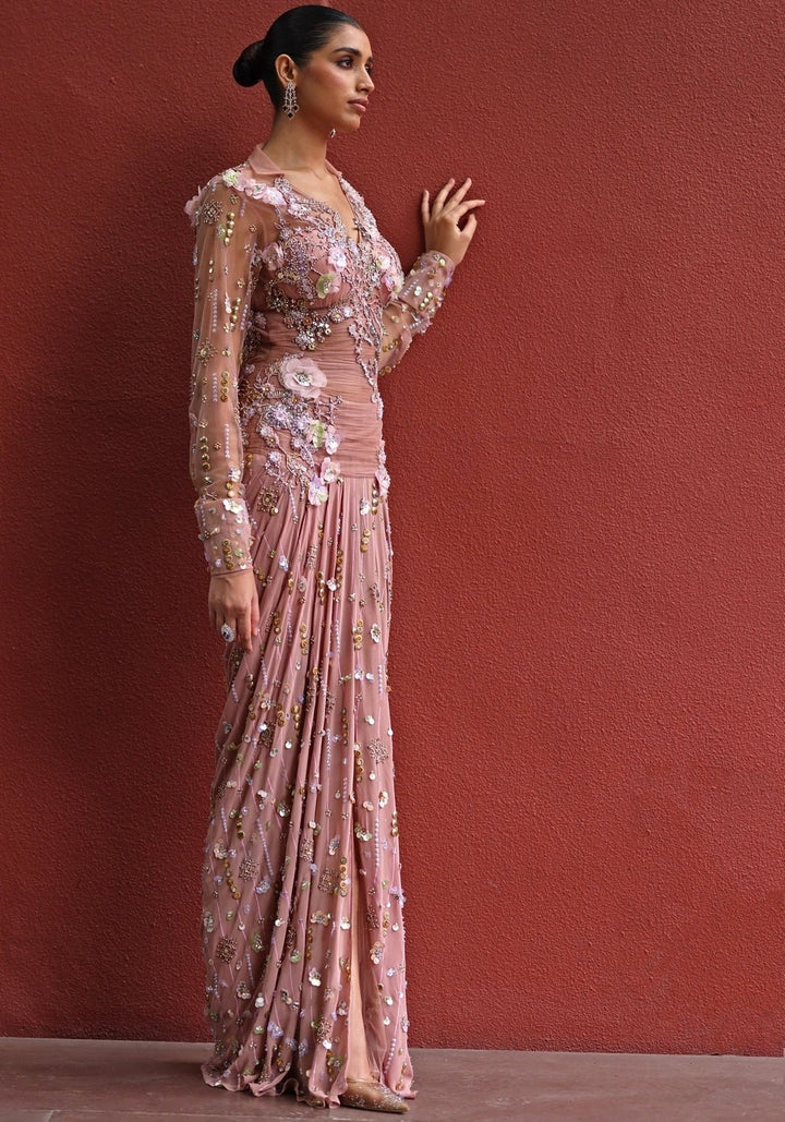 Muted Gold And Peach Georgette Concept Saree Moledro - Fabilicious Fashion
