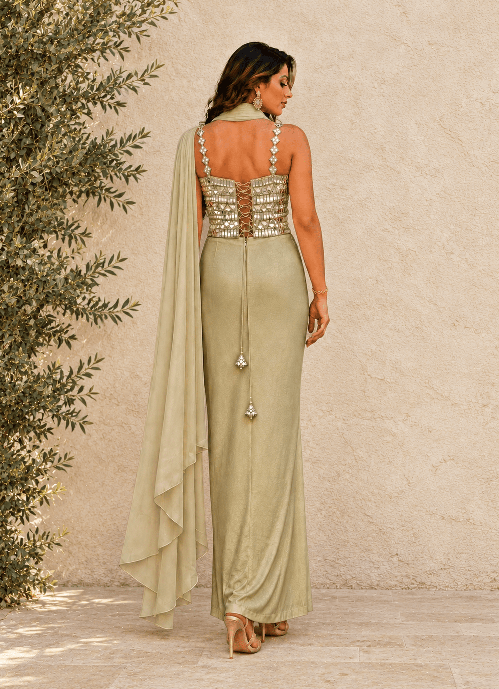 Anisha Shetty Muted Gold Drape Skirt Set With Corset BlouseFabilicious Fashion