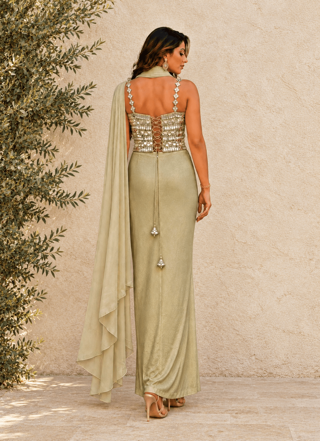 Anisha Shetty Muted Gold Drape Skirt Set With Corset BlouseFabilicious Fashion
