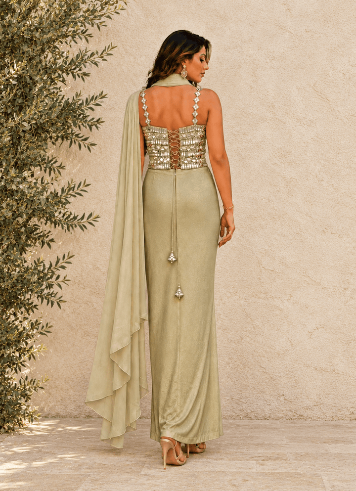 Anisha Shetty Muted Gold Drape Skirt Set With Corset BlouseFabilicious Fashion