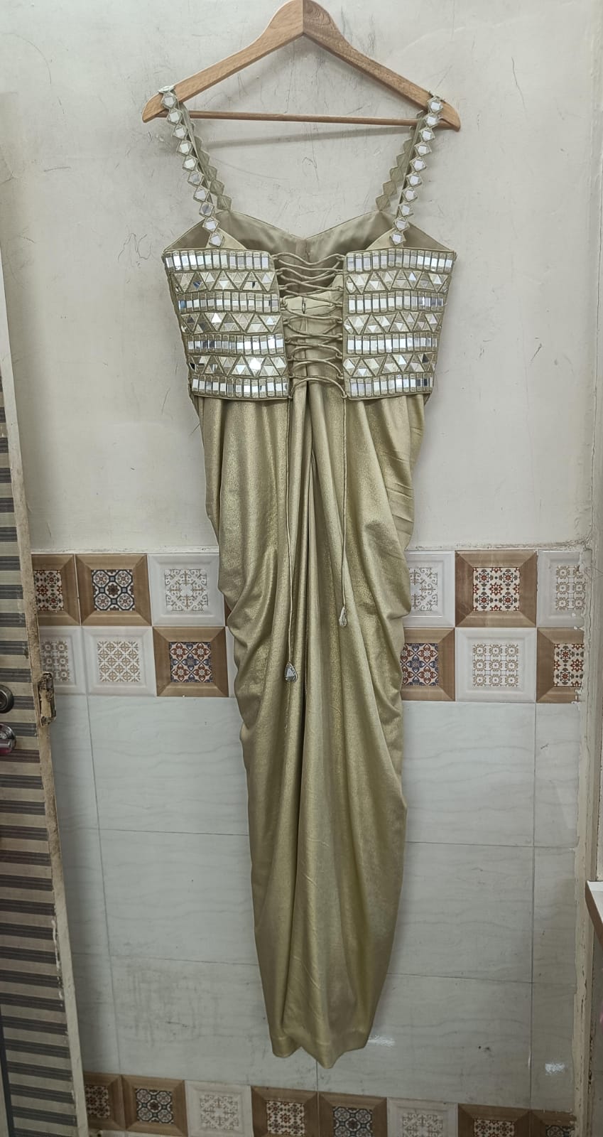 Anisha Shetty Muted Gold Drape Skirt Set With Corset BlouseFabilicious Fashion