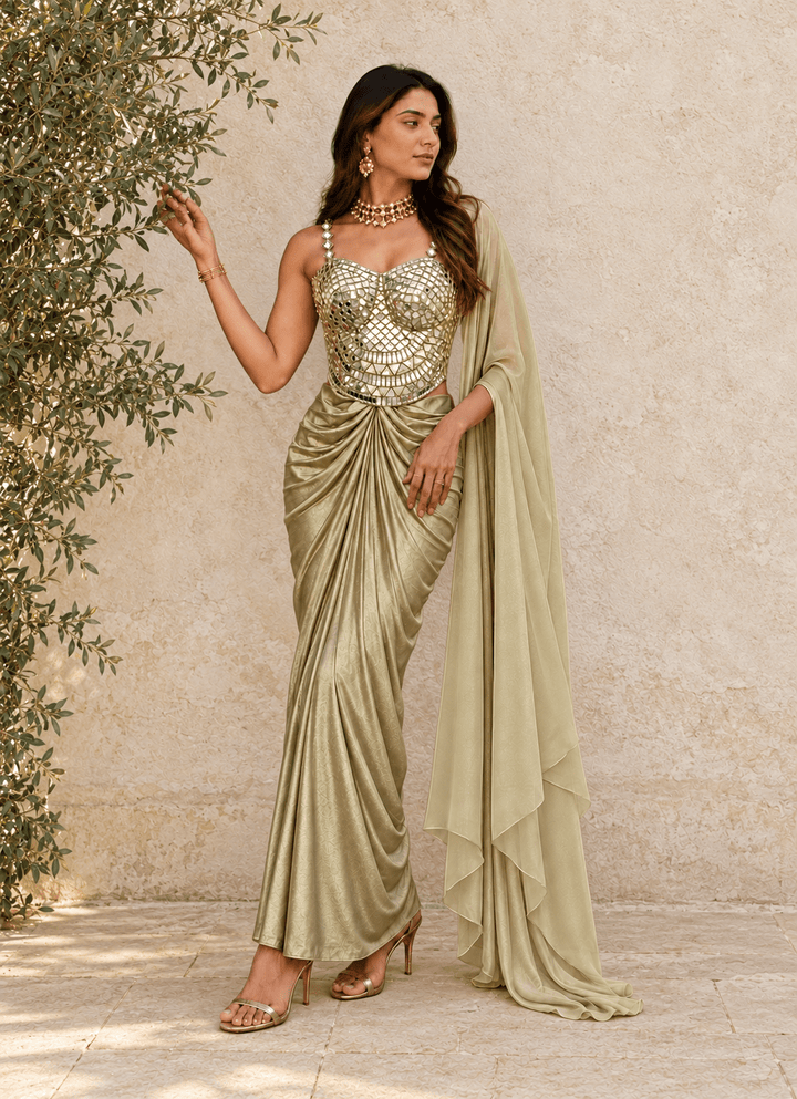 Anisha Shetty Muted Gold Drape Skirt Set With Corset BlouseFabilicious Fashion