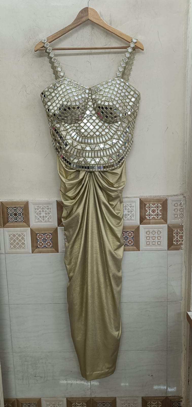 Anisha Shetty Muted Gold Drape Skirt Set With Corset BlouseFabilicious Fashion