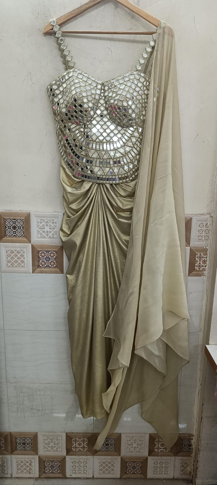 Anisha Shetty Muted Gold Drape Skirt Set With Corset BlouseFabilicious Fashion