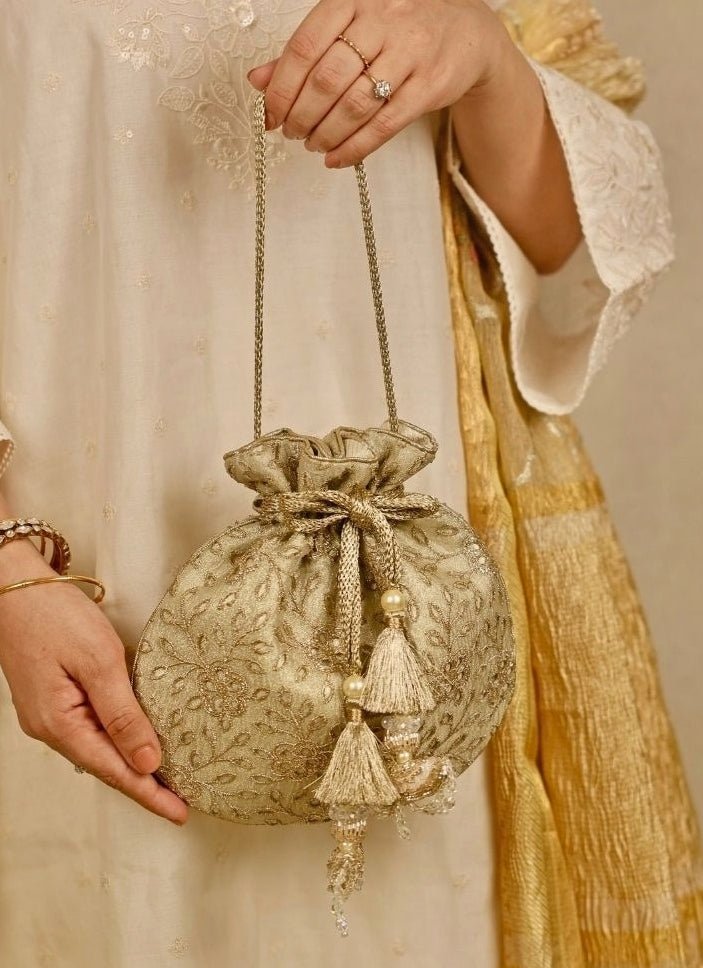 Amyra Muted Gold Embroidered Tissue PotliFabilicious Fashion