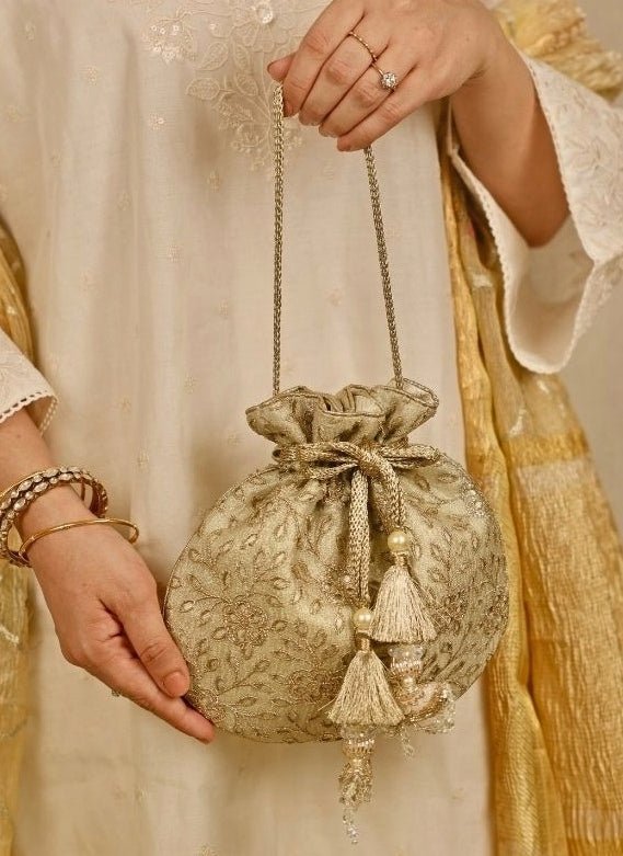 Amyra Muted Gold Embroidered Tissue PotliFabilicious Fashion