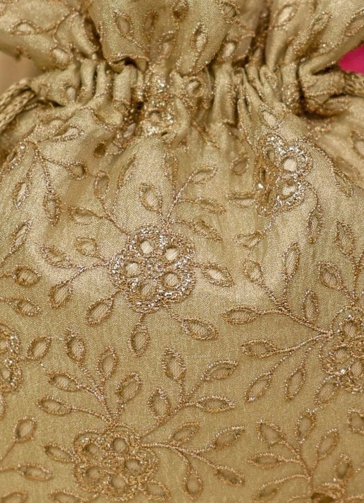 Amyra Muted Gold Embroidered Tissue PotliFabilicious Fashion