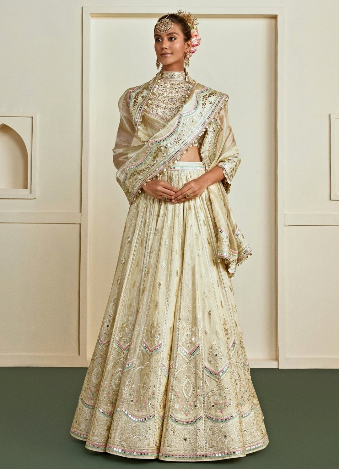 Gopi Vaid Muted Gold Embroidered Tussar Bridal Lehenga SetFabilicious Fashion