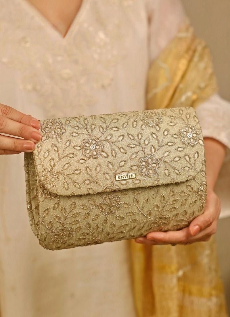 Muted Gold Tissue Embroidered Clutch Amyra - Fabilicious Fashion