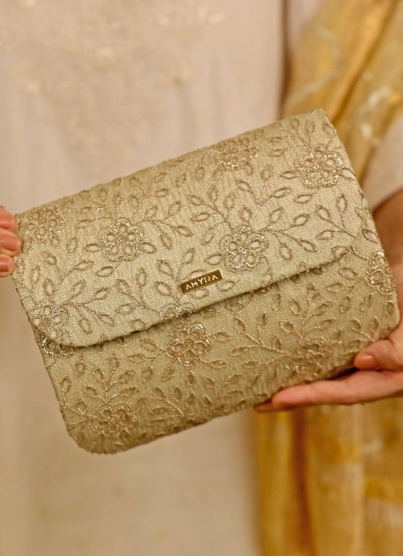Muted Gold Tissue Embroidered Clutch Amyra - Fabilicious Fashion