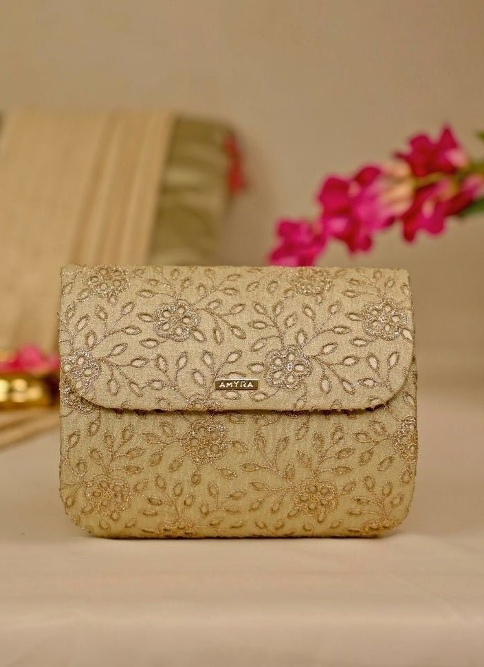 Muted Gold Tissue Embroidered Clutch Amyra - Fabilicious Fashion