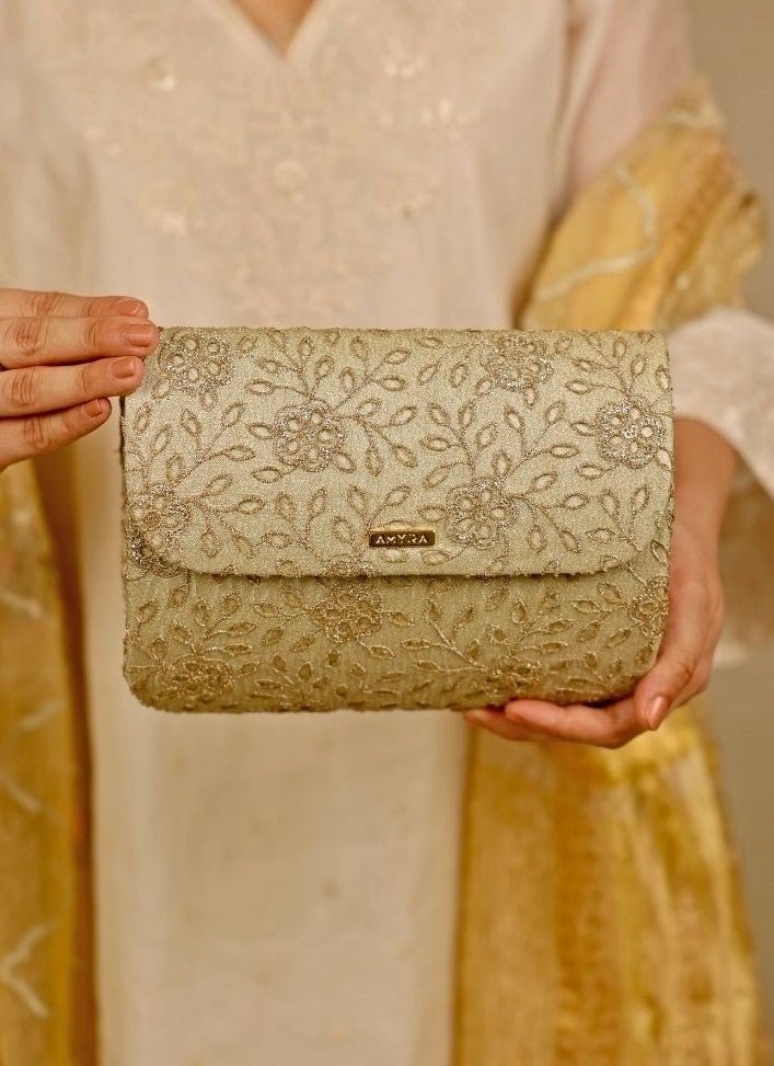 Muted Gold Tissue Embroidered Clutch Amyra - Fabilicious Fashion