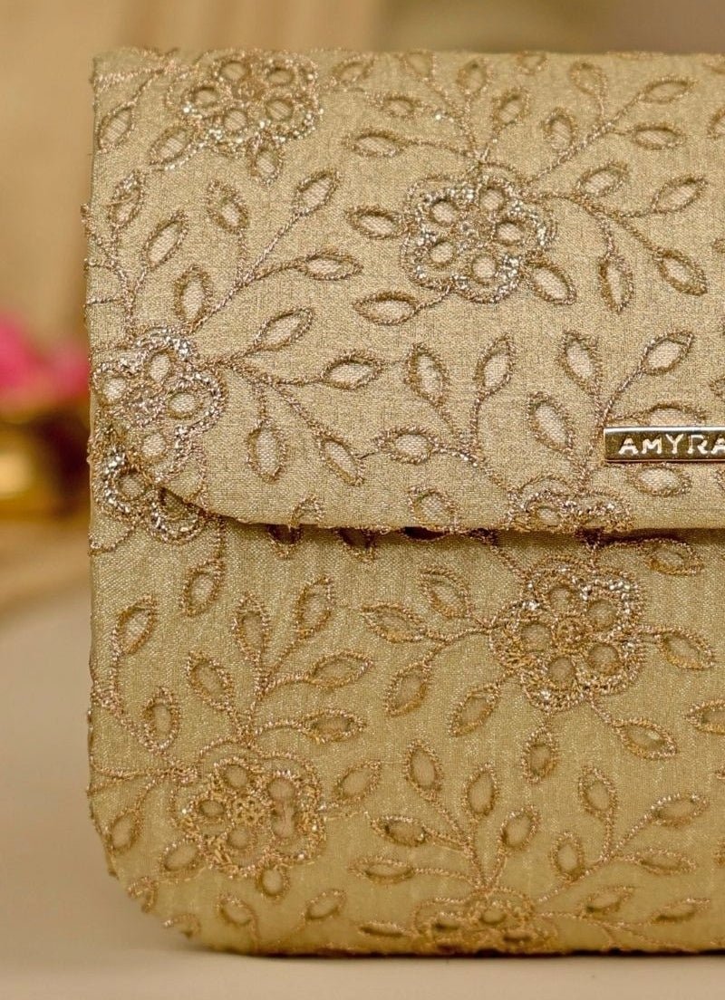 Muted Gold Tissue Embroidered Clutch Amyra - Fabilicious Fashion