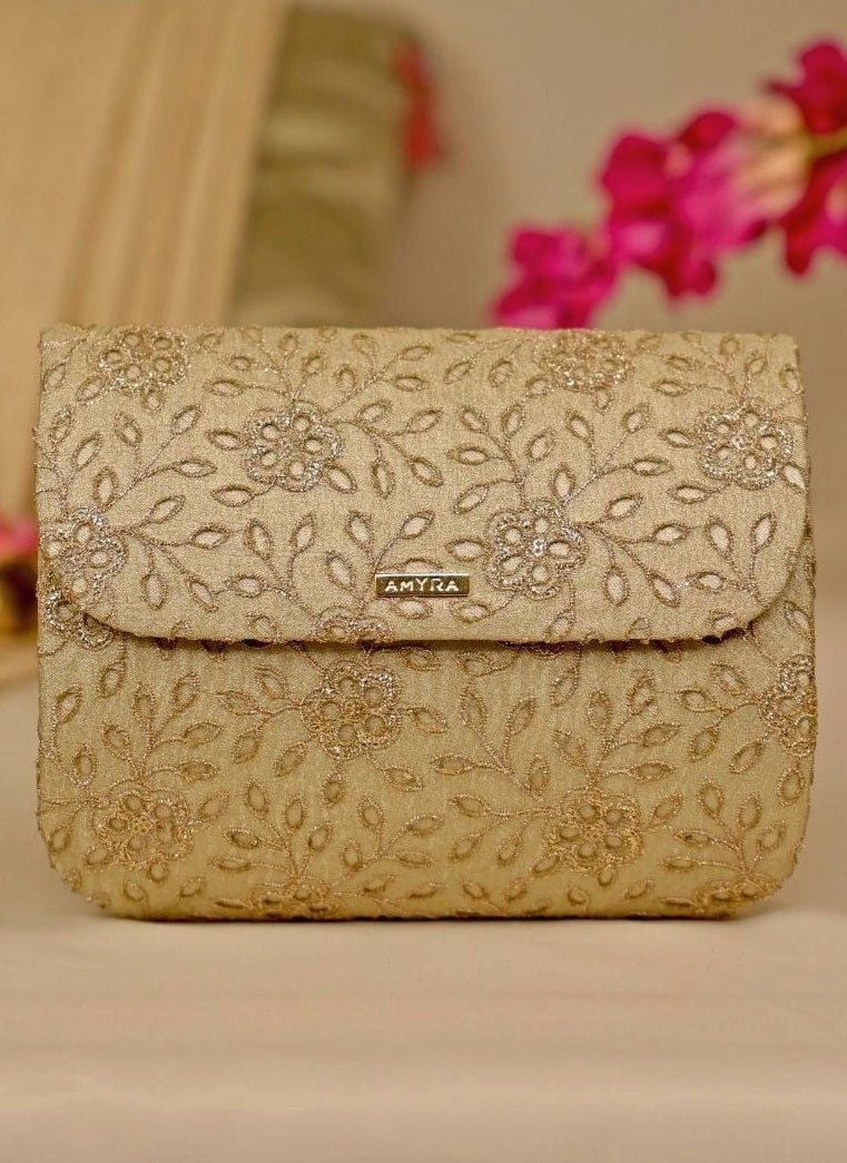 Muted Gold Tissue Embroidered Clutch Amyra - Fabilicious Fashion