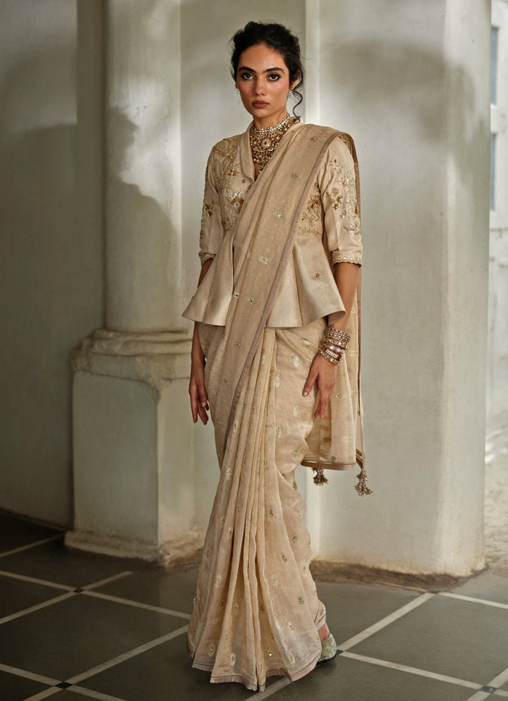 Muted Gold Tissue Peplum Saree Set Paulmi and Harsh - Fabilicious Fashion