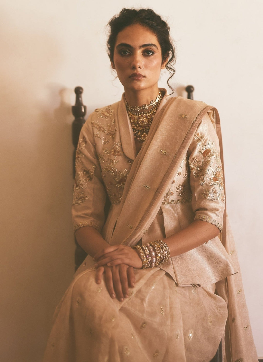 Muted Gold Tissue Peplum Saree Set Paulmi and Harsh - Fabilicious Fashion