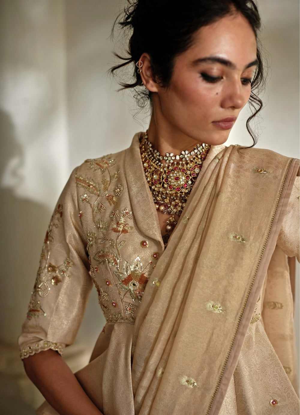 Muted Gold Tissue Peplum Saree Set Paulmi and Harsh - Fabilicious Fashion