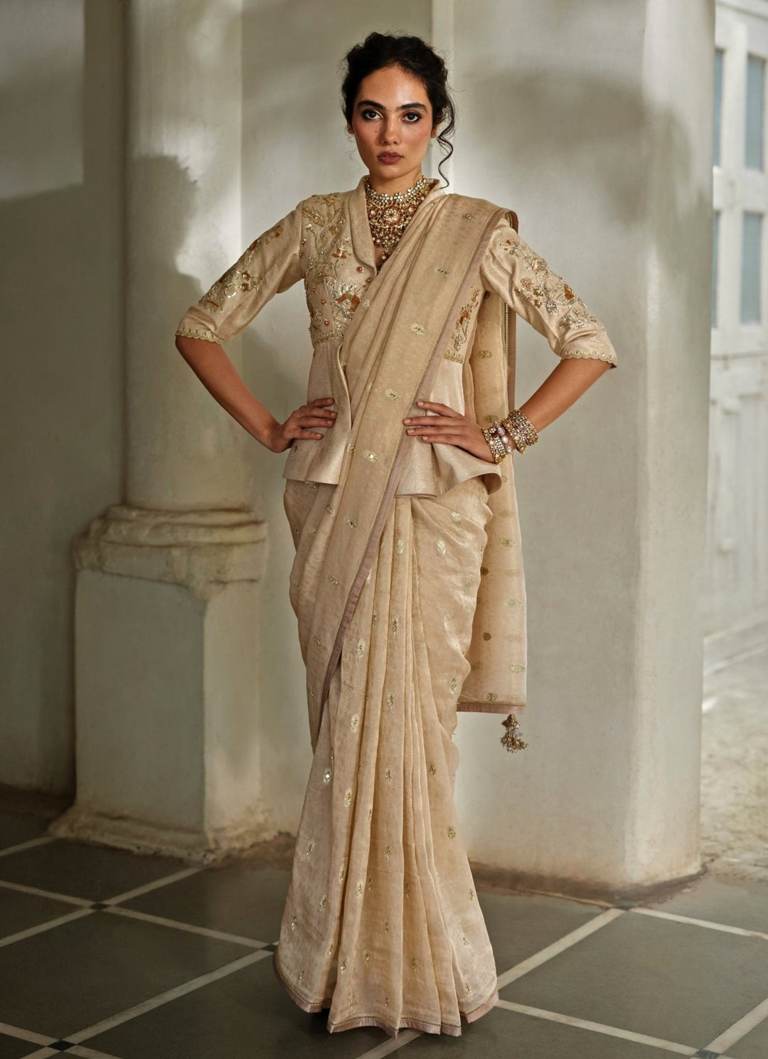 Muted Gold Tissue Peplum Saree Set Paulmi and Harsh - Fabilicious Fashion