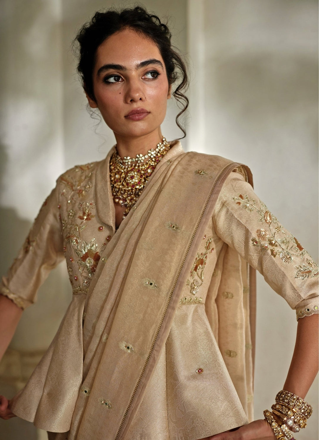 Muted Gold Tissue Peplum Saree Set Paulmi and Harsh - Fabilicious Fashion