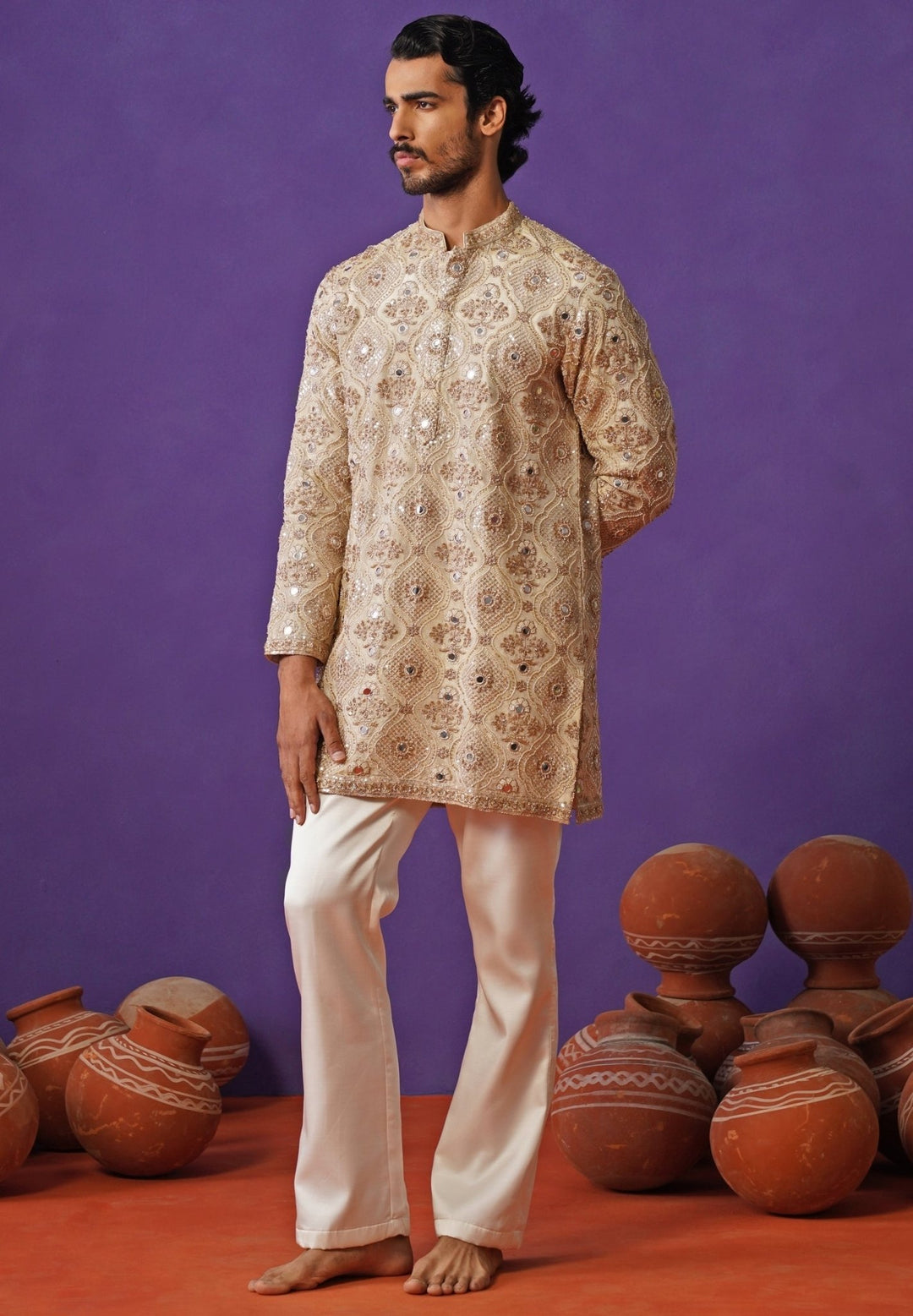 Muted Gold Tissue Silk Short Kurta Set Kalpraag - Fabilicious Fashion