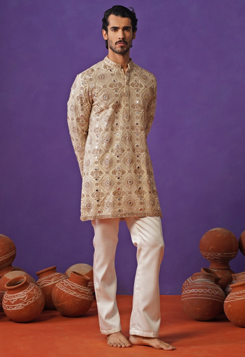 Muted Gold Tissue Silk Short Kurta Set Kalpraag - Fabilicious Fashion