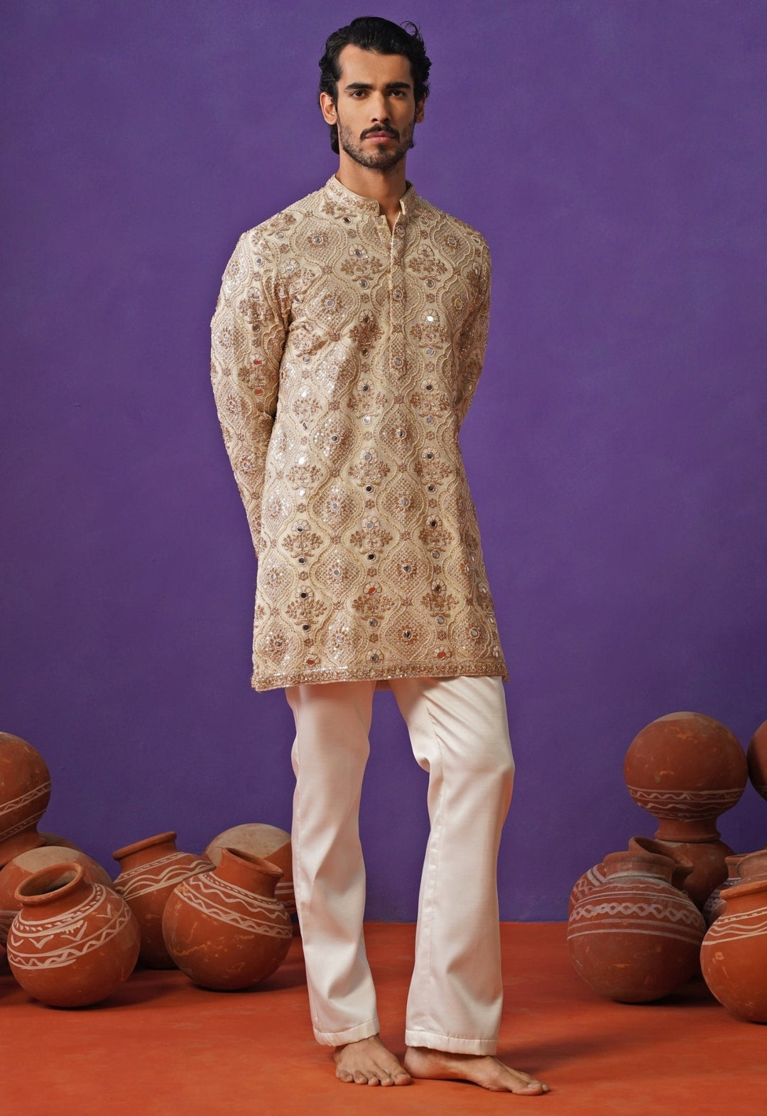 Muted Gold Tissue Silk Short Kurta Set Kalpraag - Fabilicious Fashion