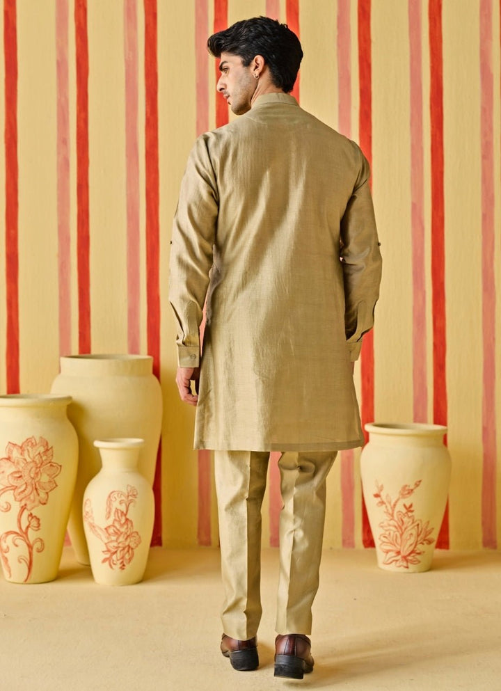 Studio Bagechaa - Men Muted Green Chanderi Kurta Pants SetFabilicious Fashion
