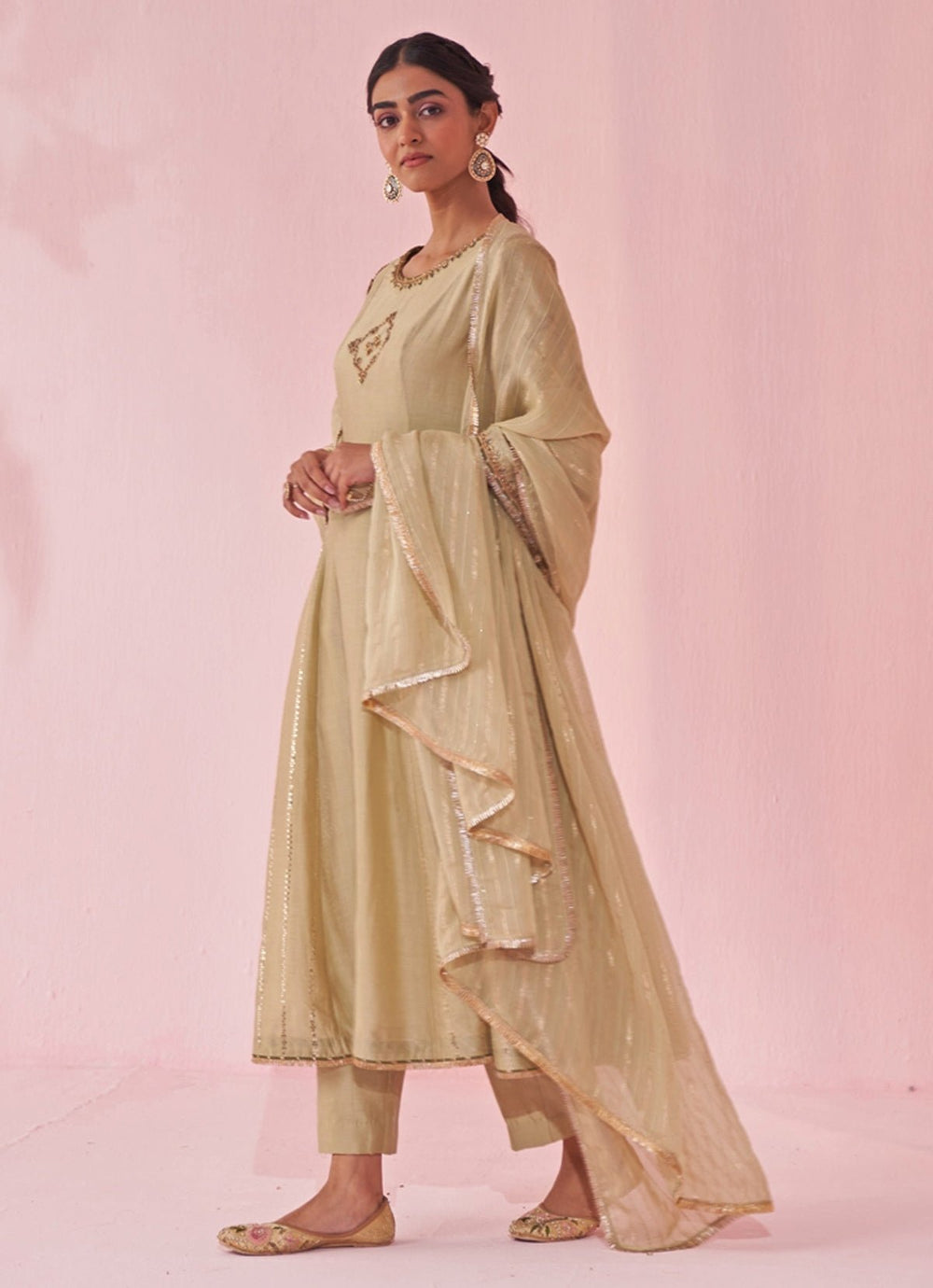 Muted Green Chanderi Silk Embroidered Anarkali Pants Set Studio Bagechaa - Fabilicious Fashion