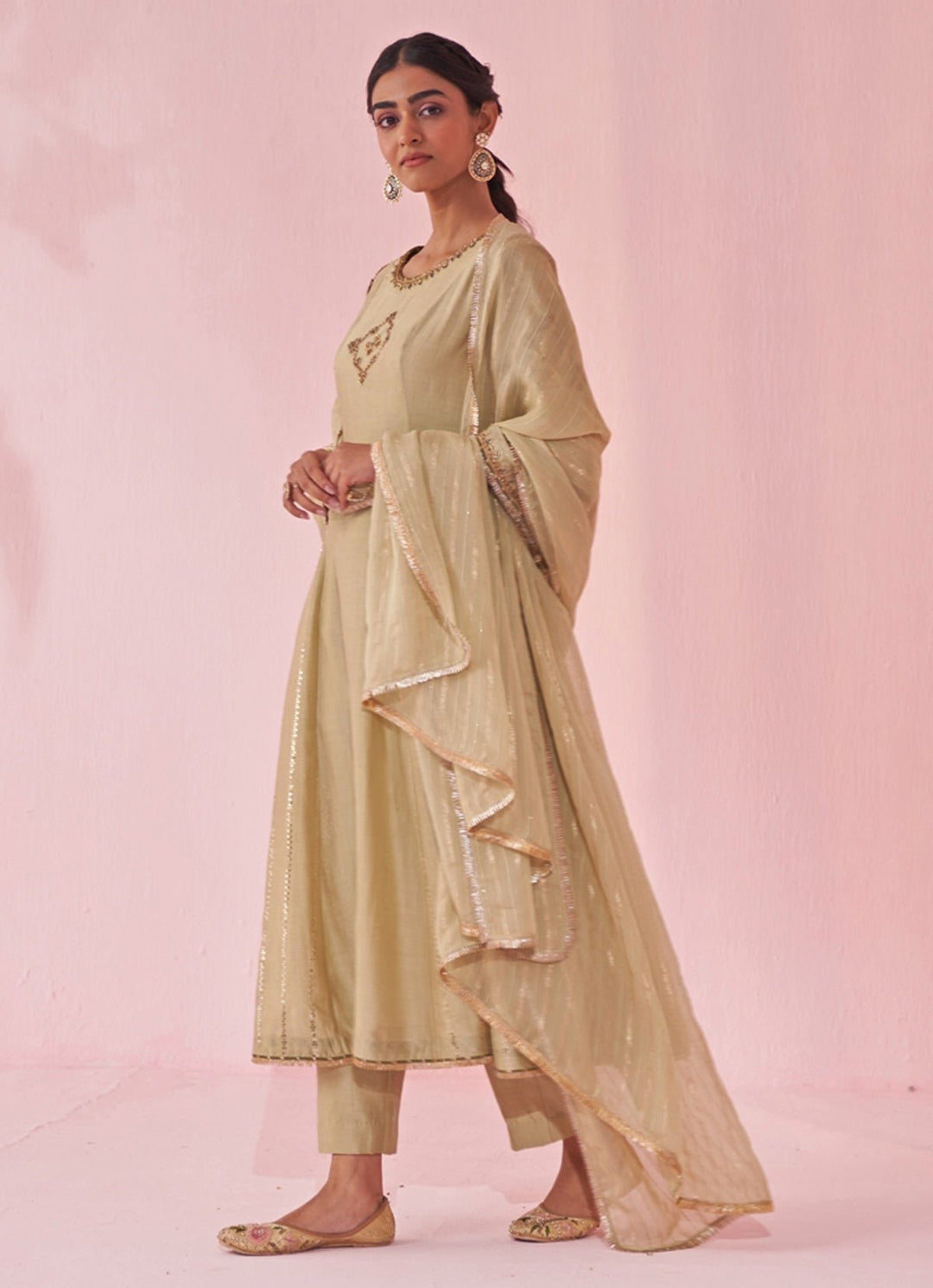 Muted Green Chanderi Silk Embroidered Anarkali Pants Set Studio Bagechaa - Fabilicious Fashion