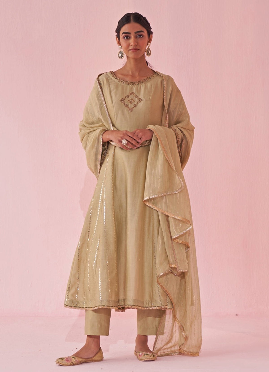 Muted Green Chanderi Silk Embroidered Anarkali Pants Set Studio Bagechaa - Fabilicious Fashion