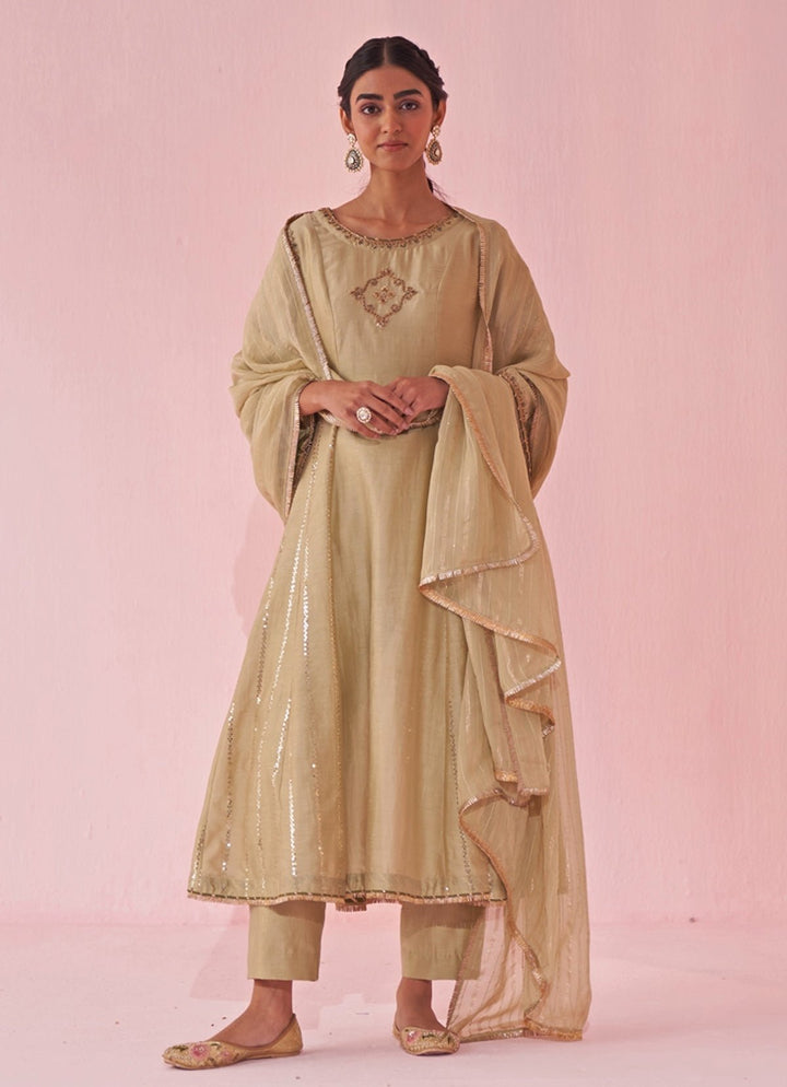 Muted Green Chanderi Silk Embroidered Anarkali Pants Set Studio Bagechaa - Fabilicious Fashion