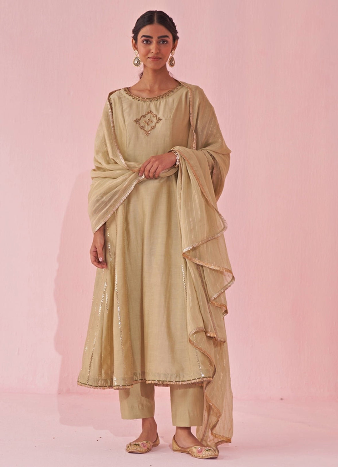Muted Green Chanderi Silk Embroidered Anarkali Pants Set Studio Bagechaa - Fabilicious Fashion