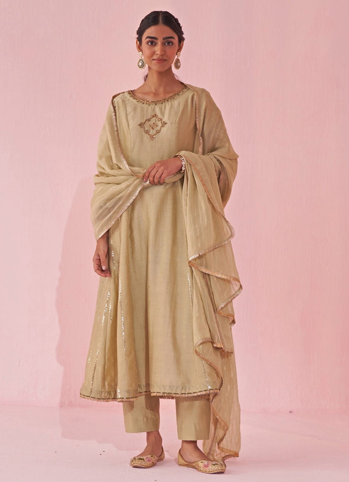 Muted Green Chanderi Silk Embroidered Anarkali Pants Set Studio Bagechaa - Fabilicious Fashion