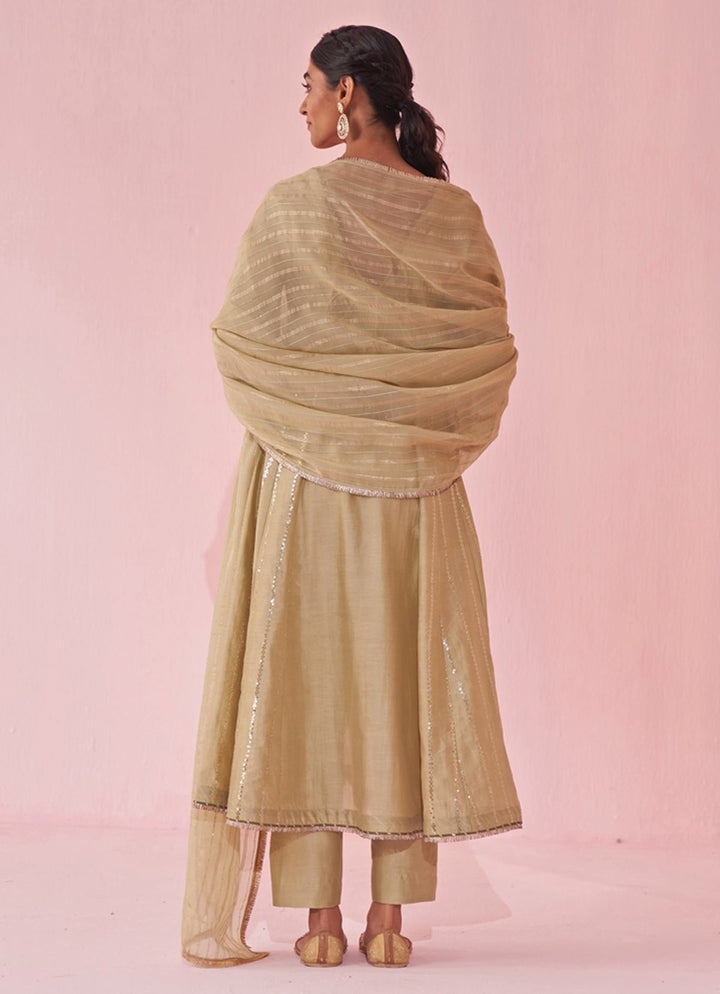 Muted Green Chanderi Silk Embroidered Anarkali Pants Set Studio Bagechaa - Fabilicious Fashion