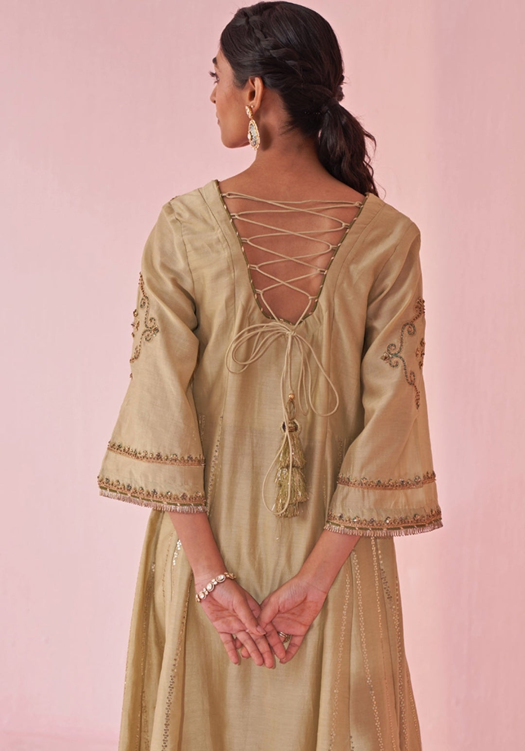 Muted Green Chanderi Silk Embroidered Anarkali Pants Set Studio Bagechaa - Fabilicious Fashion