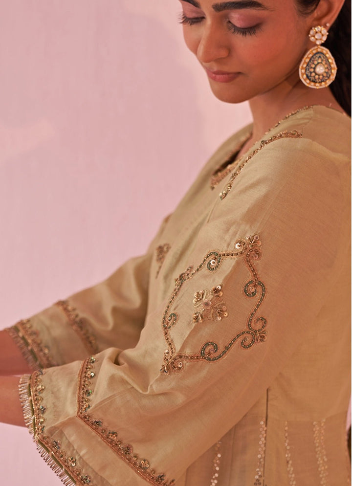 Muted Green Chanderi Silk Embroidered Anarkali Pants Set Studio Bagechaa - Fabilicious Fashion