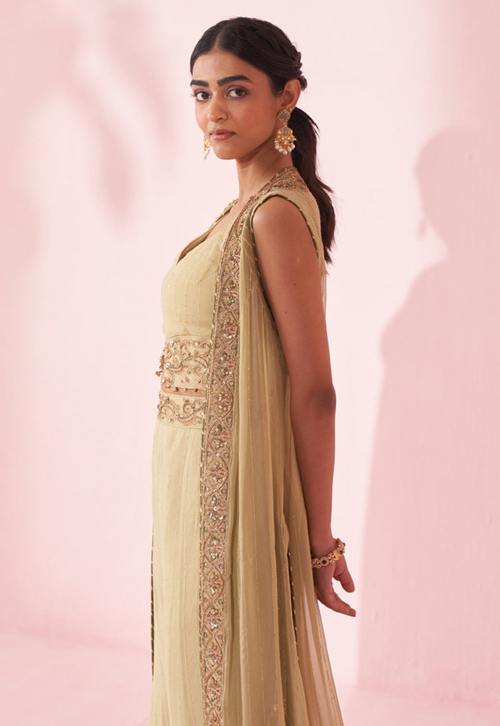 Muted Green Embroidered Blouse Sharara Set With Cape Studio Bagechaa - Fabilicious Fashion