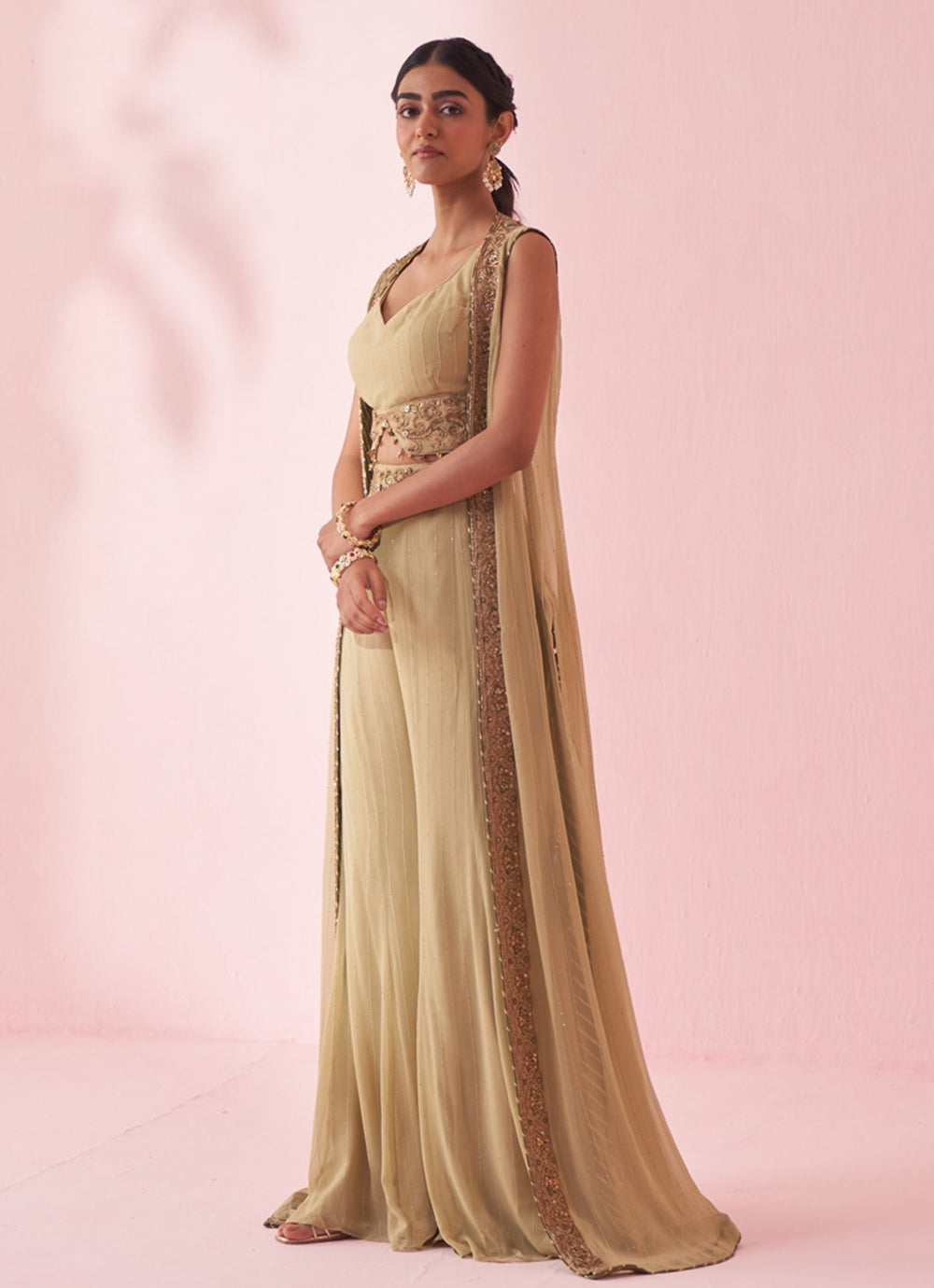 Muted Green Embroidered Blouse Sharara Set With Cape Studio Bagechaa - Fabilicious Fashion