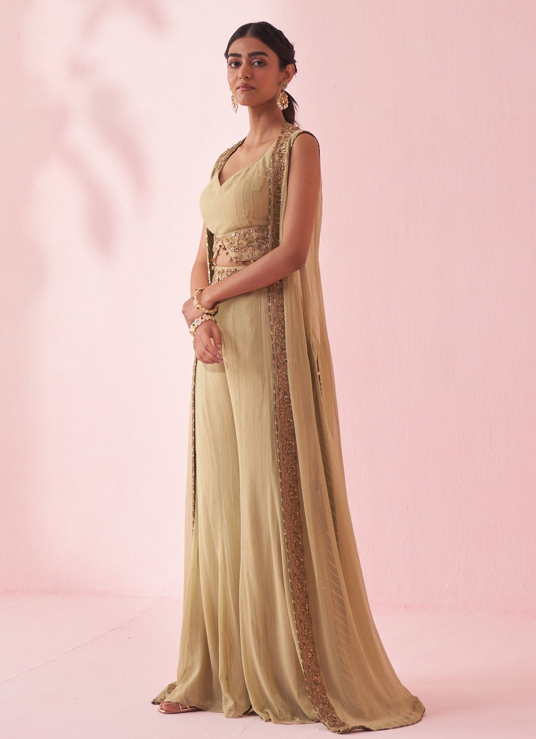 Muted Green Embroidered Blouse Sharara Set With Cape Studio Bagechaa - Fabilicious Fashion