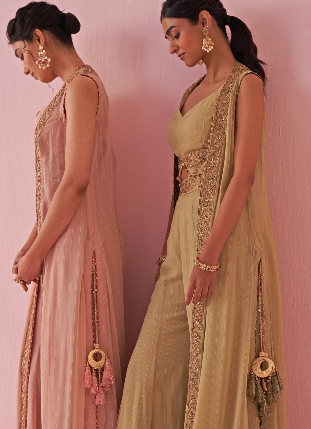Muted Green Embroidered Blouse Sharara Set With Cape Studio Bagechaa - Fabilicious Fashion