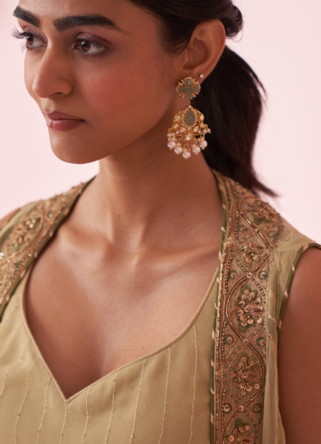 Muted Green Embroidered Blouse Sharara Set With Cape Studio Bagechaa - Fabilicious Fashion