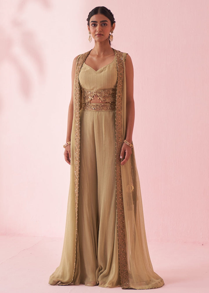 Muted Green Embroidered Blouse Sharara Set With Cape Studio Bagechaa - Fabilicious Fashion