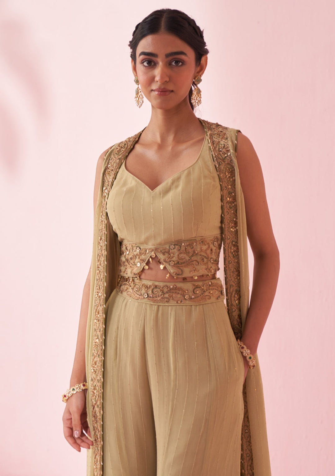 Muted Green Embroidered Blouse Sharara Set With Cape Studio Bagechaa - Fabilicious Fashion