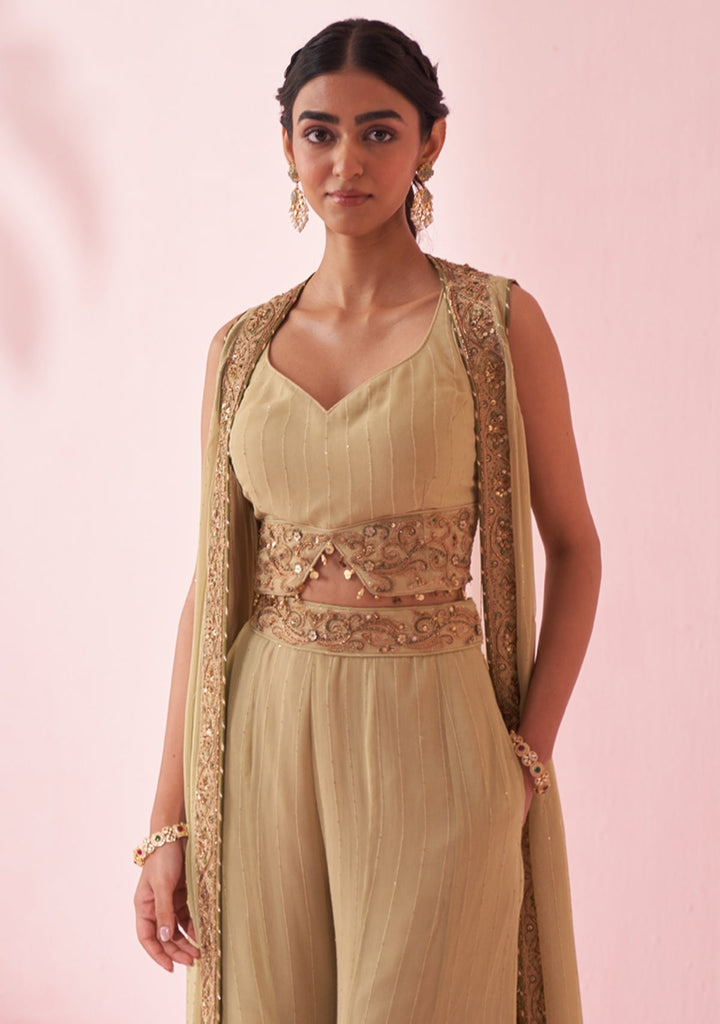 Muted Green Embroidered Blouse Sharara Set With Cape Studio Bagechaa - Fabilicious Fashion
