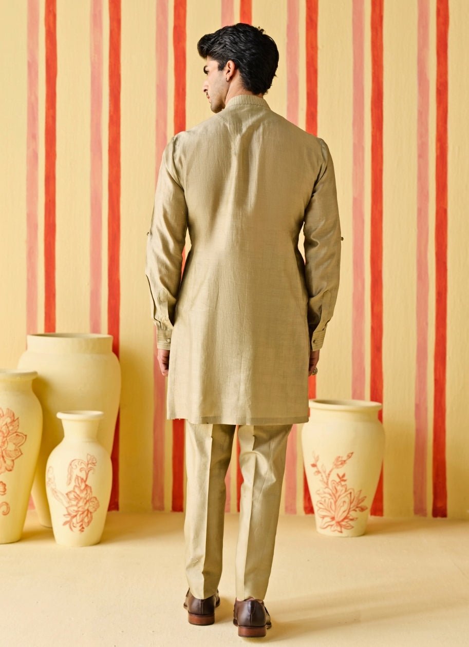 Studio Bagechaa - Men Muted Green Embroidered Chanderi Kurta Pants SetFabilicious Fashion
