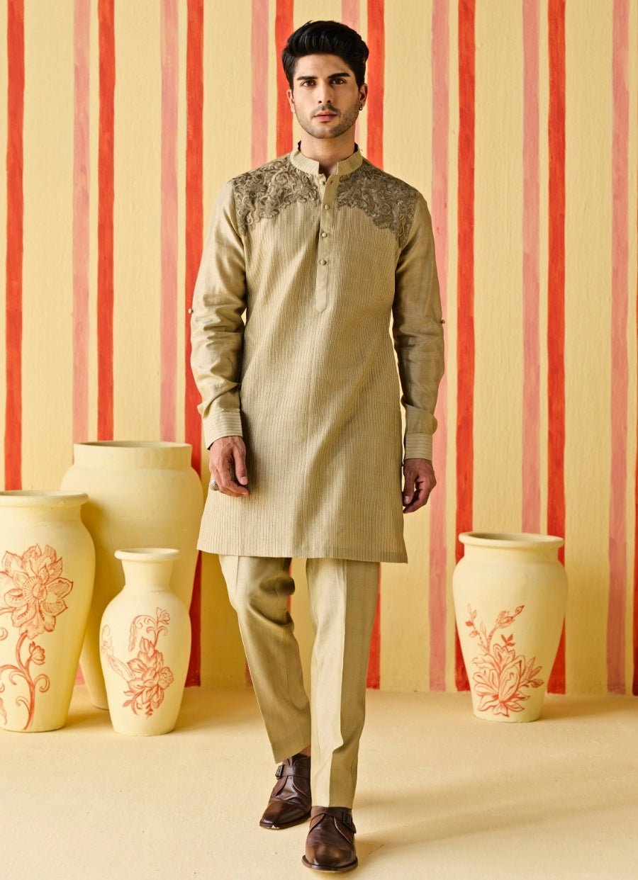 Studio Bagechaa - Men Muted Green Embroidered Chanderi Kurta Pants SetFabilicious Fashion