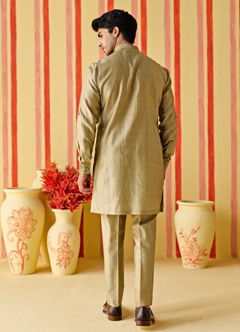 Studio Bagechaa - Men Muted Green Embroidered Chanderi Kurta SetFabilicious Fashion