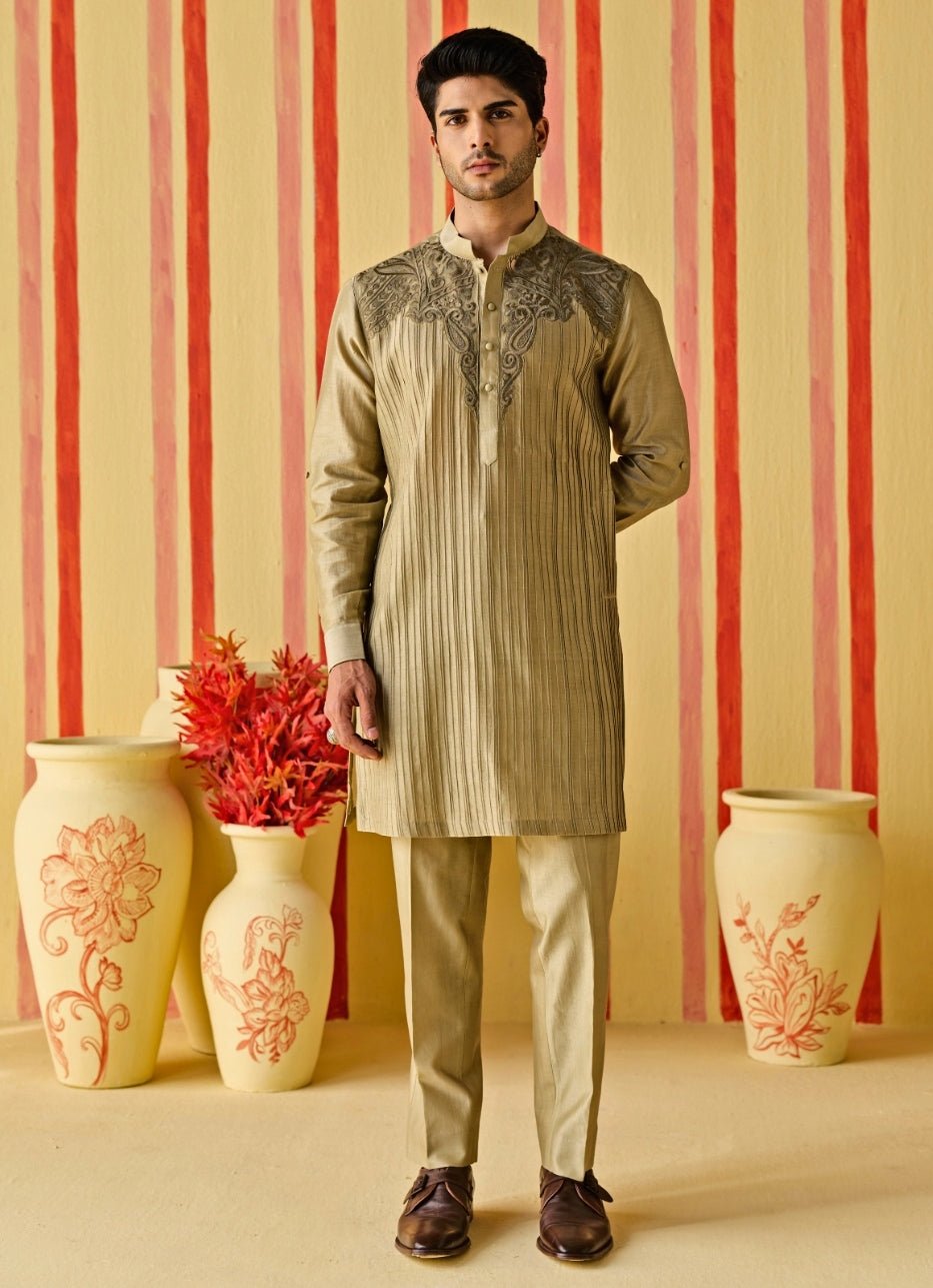 Studio Bagechaa - Men Muted Green Embroidered Chanderi Kurta SetFabilicious Fashion